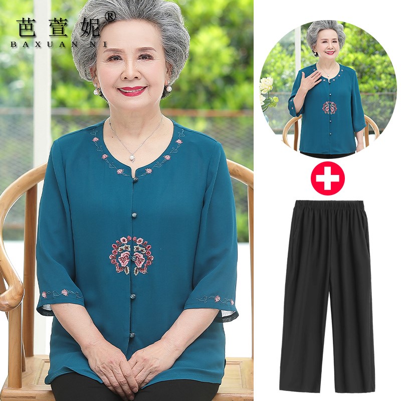 胖妈妈装老太太老人衣服老年人夏装女加肥加大码衬衣奶奶唐装套装