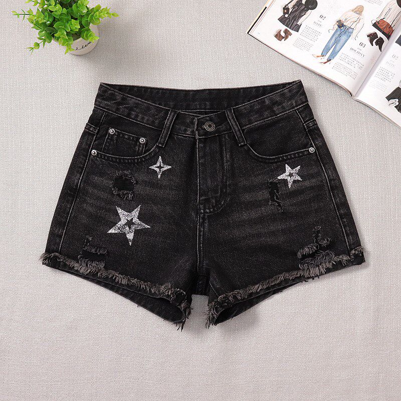 黑色牛仔裤女夏季中腰短裤外穿高档热裤毛边破洞宽松韩版显瘦大码