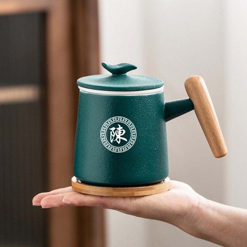 木柄茶杯茶水分离陶瓷杯带过滤个人专用办公室茶杯泡茶杯刻字定制