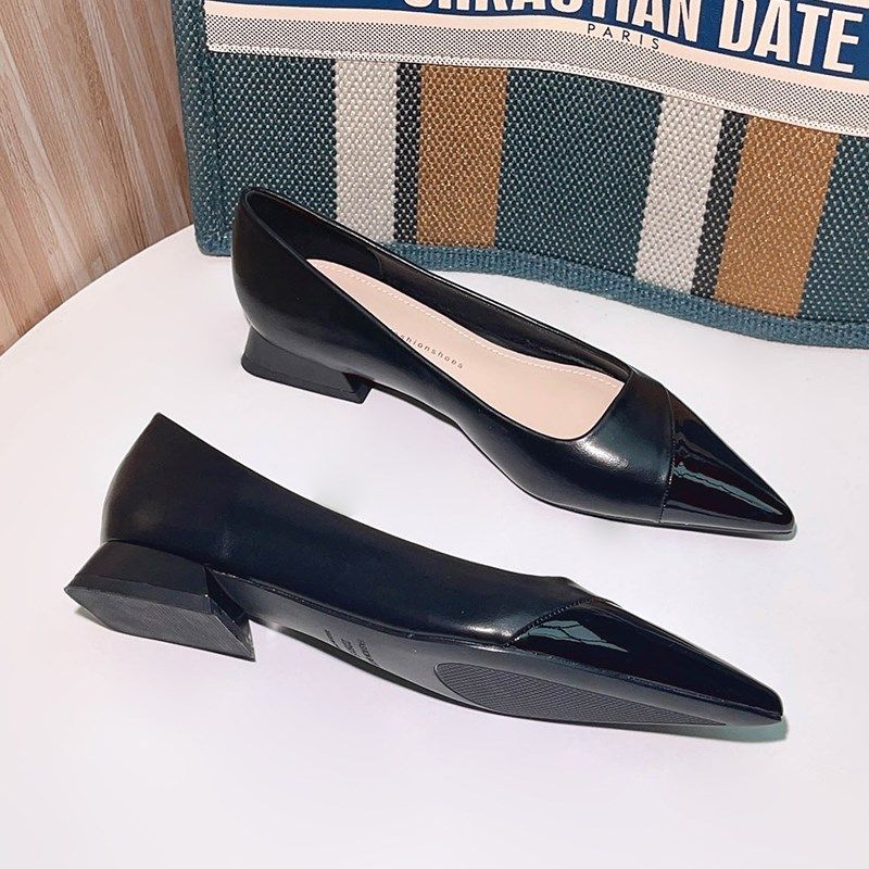 通勤职业浅口尖头工作粗跟单鞋女2025年新款夏黑色软皮高跟鞋低跟