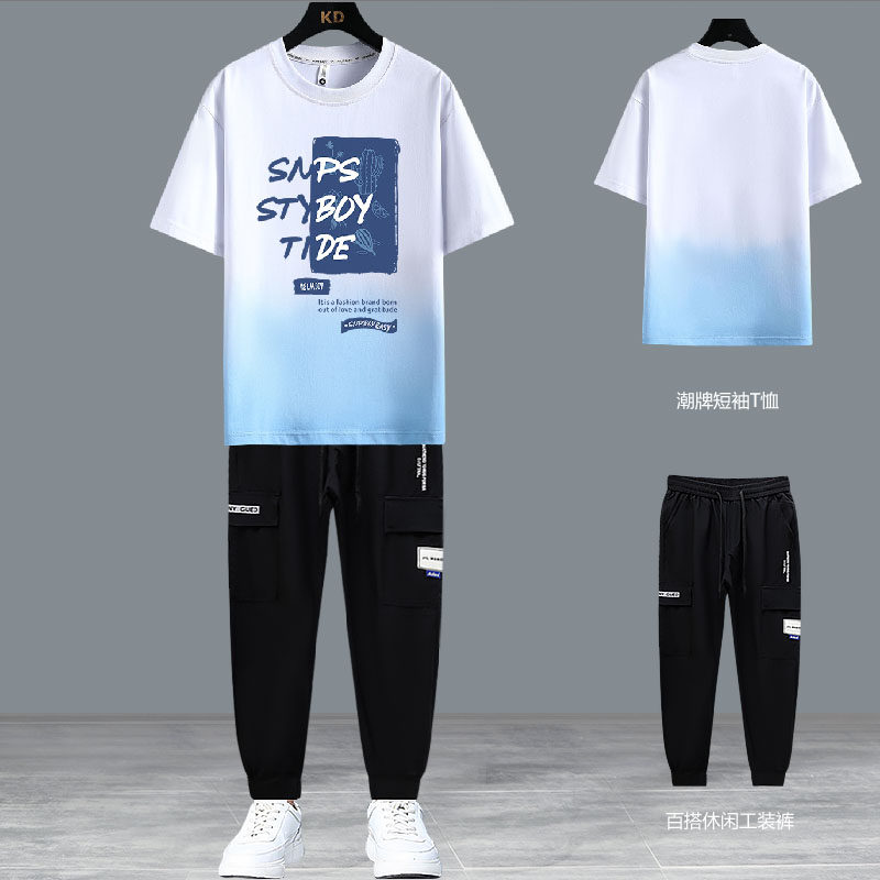 纯棉短袖t恤男款夏季潮半袖青少年上衣服男生白色体恤工装裤套装