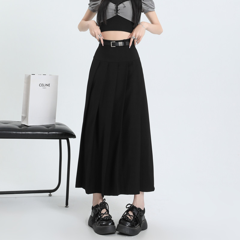 黑色高腰a字百褶半身裙女秋季2025新款小个子西装显瘦学生中长裙