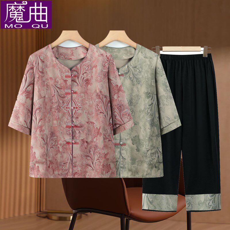 奶奶夏装套装新款中老年洋气时尚中袖两件套妈妈衬衫国风老人衣服