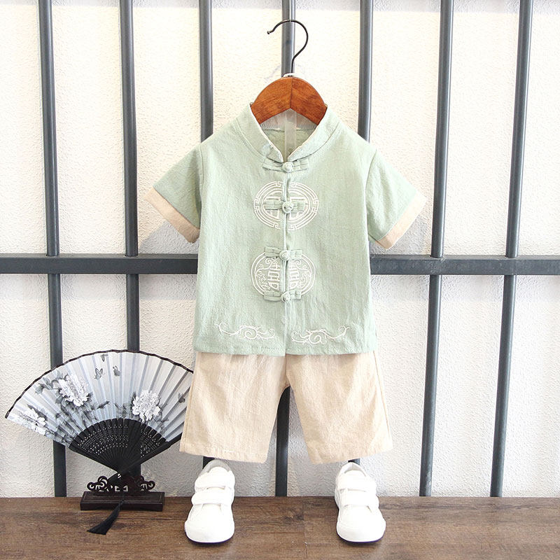 儿童汉服男童夏季中国风周岁礼服男婴儿抓周衣服纯棉古装福字套装