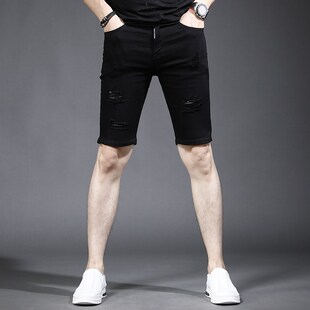黑色破洞牛仔短裤男夏季薄款2024年新款修身潮牌男士五分裤中裤