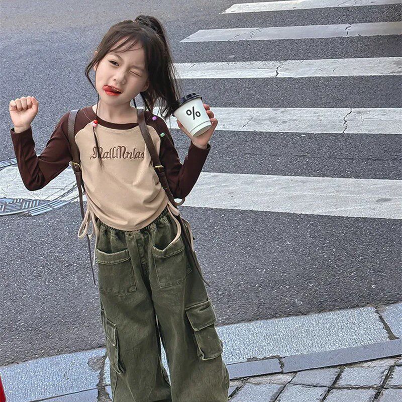 网红炸街穿搭女童工装裤套装秋冬2023新款韩版洋气裤子潮帅气时髦