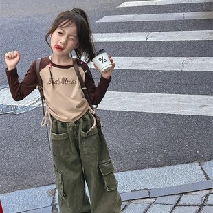 网红炸街穿搭女童工装裤套装秋冬2023新款韩版洋气裤子潮帅气时髦