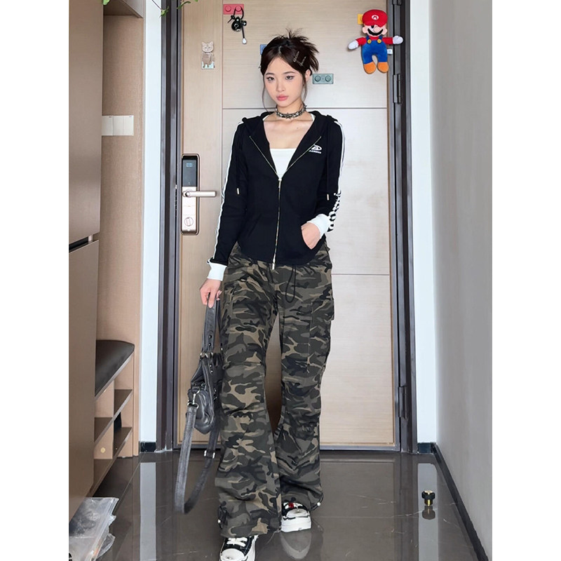 黑色三条杆条纹卫衣女春秋款美式连帽修身短款拉链设计感小众外套