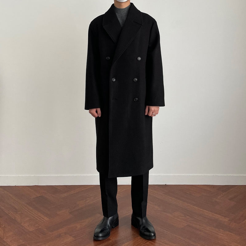 宽松男款毛呢大衣冬季加厚韩版双排扣呢子风衣男士秋冬外套中长款