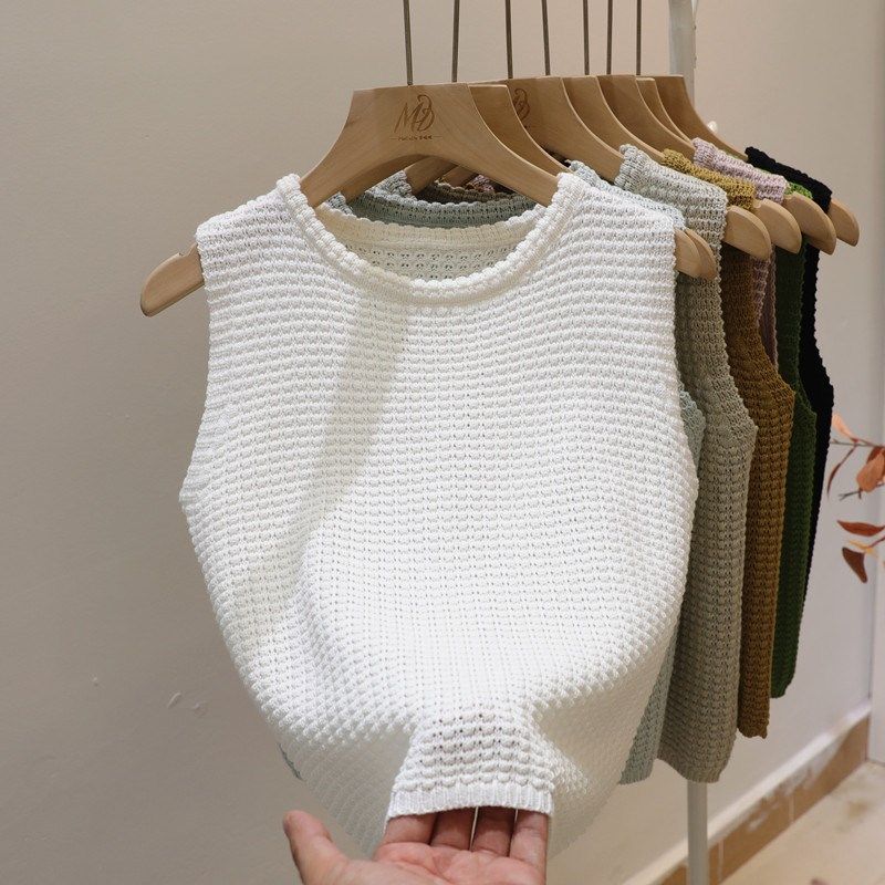 白色女士背心短款修身显瘦圆领无袖针织衫早春叠穿短款马甲上衣潮