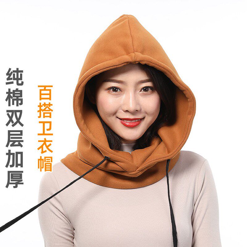 纯棉卫衣帽子围脖一体女秋冬季双层加厚护耳脖套保暖连帽抗风骑行