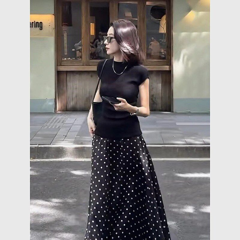 法式高级感黑色连衣裙女夏季新款通勤长款温柔气质波点雪纺裙套装