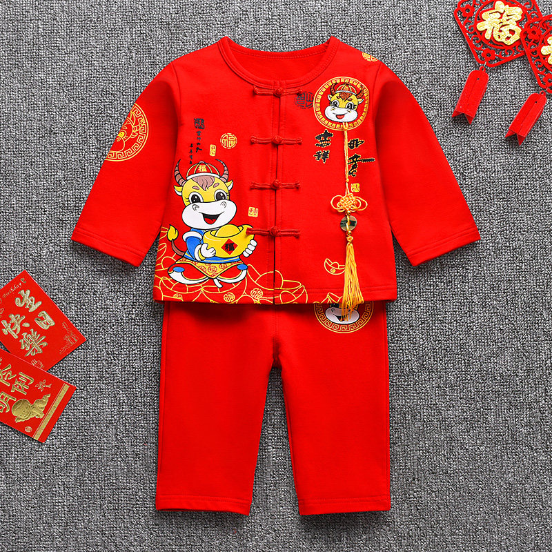 男童牛宝婴儿一周岁宴礼服男宝宝抓周红色春秋衣服男孩套装新年装