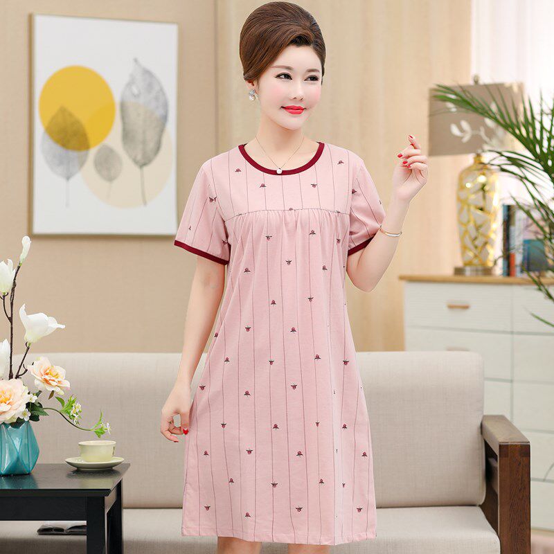 妈妈睡裙夏季薄款短袖纯棉中年人妇女士睡衣中裙家居服休闲加大码