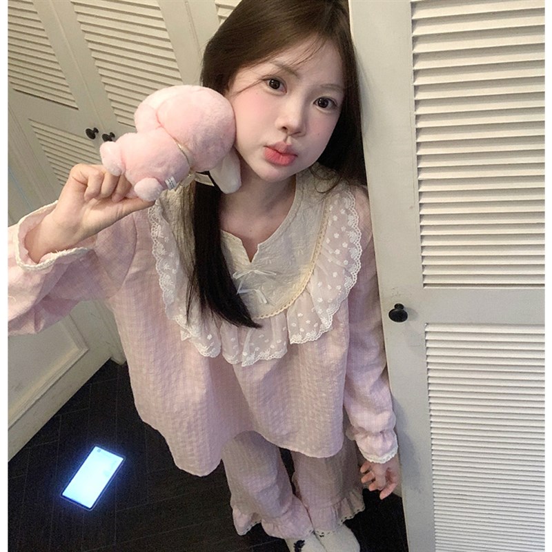 碎花睡衣女春秋款纯棉麻甜美宫廷风2025年新款蕾丝花边家居服套装