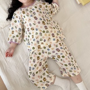 夏季儿童纯棉纱布睡衣宝宝双层棉纱空调服薄女童无骨七分袖家居服