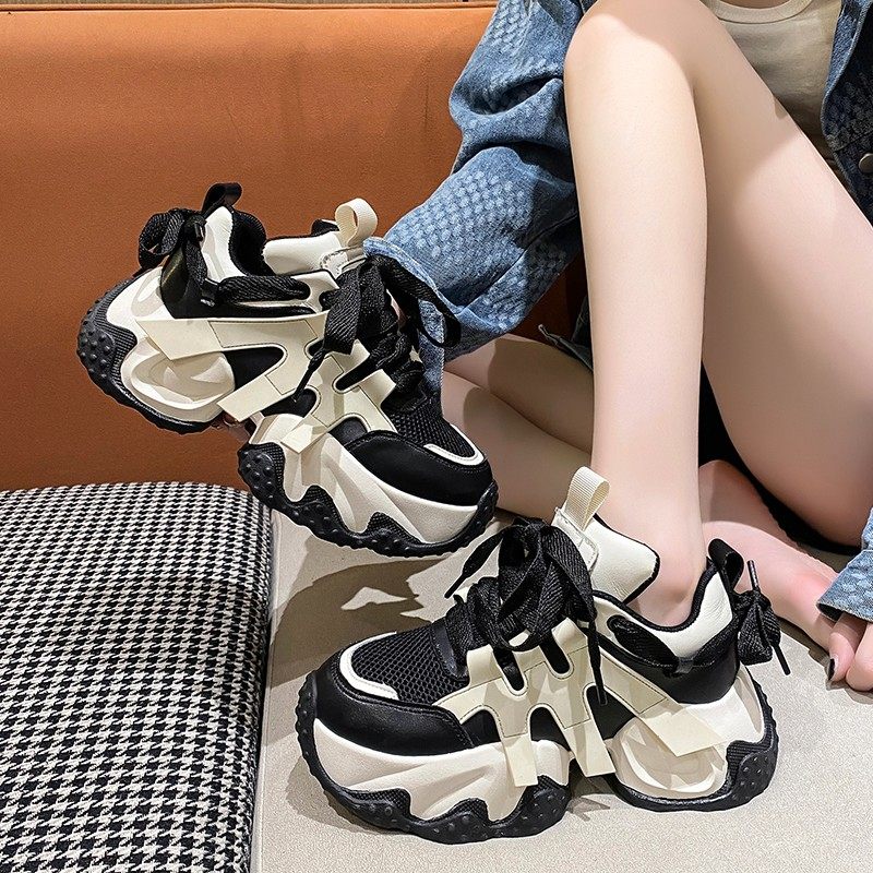 大尺码女鞋41-43厚底增高老爹鞋情侣款2023新款网面透气运动休闲