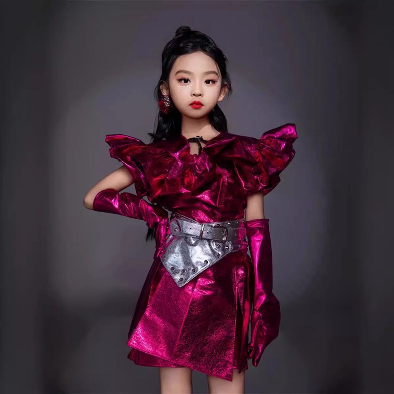 新款女童玫红/银皮革套装元宇宙9科技风潮服8走秀机车风炫酷皮衣