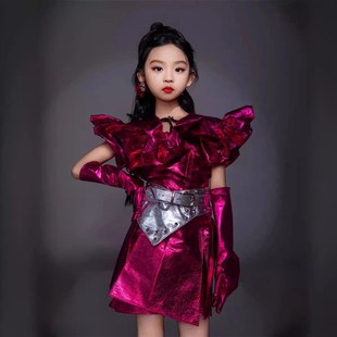 元 银皮革套装 宇宙9科技风潮服8走秀机车风炫酷皮衣 女童玫红 新款
