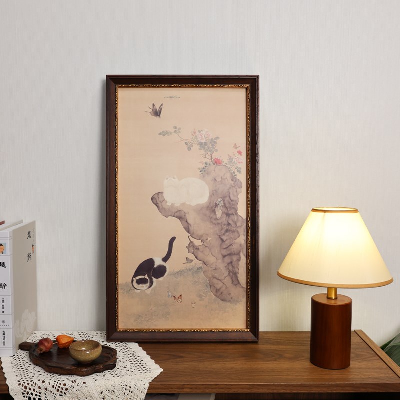法式中古挂画猫蝶图复古新中式茶室书房猫咪装饰画卧Y室国风艺术图片