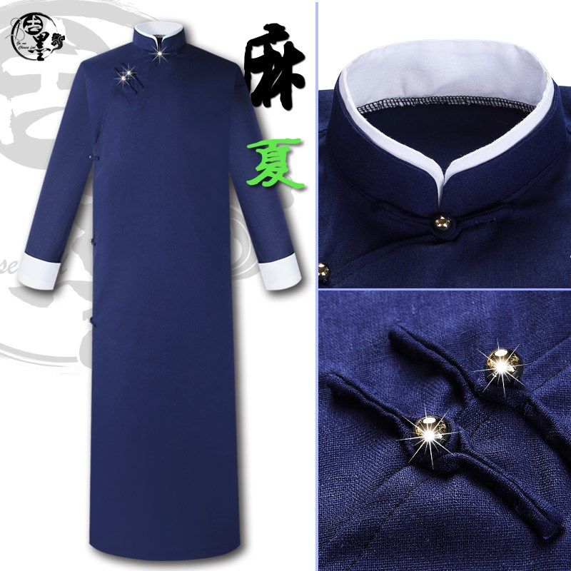 中国风夏季薄款长衫男长袍棉麻复古男装中式伴郎团服亚麻民国大褂