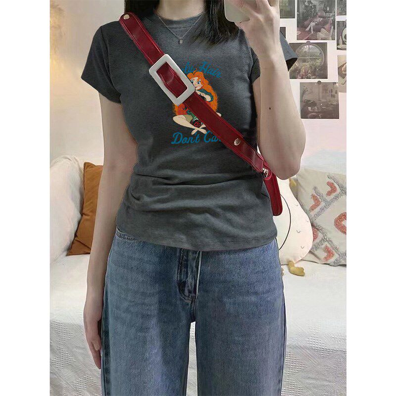 2024新款夏季正肩t恤女美式复古设计感小众短袖印花修身显瘦上衣