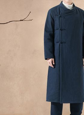 中国风男装超长款棉衣羽绒棉服冬装外套加厚斜襟盘扣棉袄道袍道服