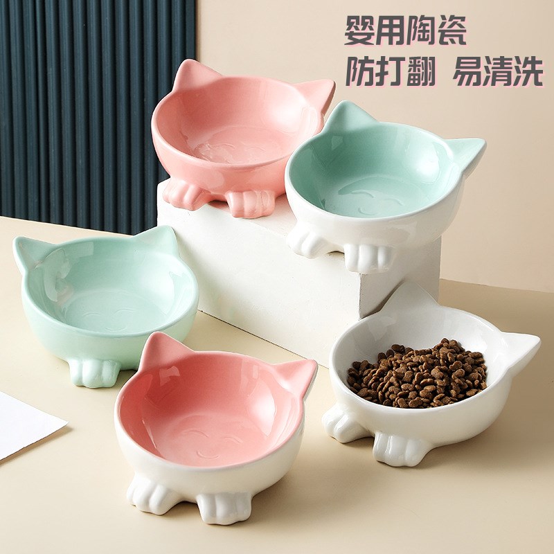 猫碗陶瓷双碗猫食盆猫吃饭碗斜口防打翻幼猫喝水碗狗碗猫咪宠物碗