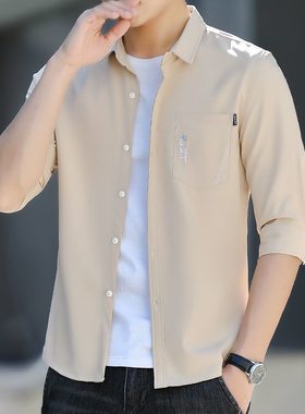 冰丝七分袖衬衫男款夏季薄款潮流百搭短袖衬衣男士休闲中长袖上衣