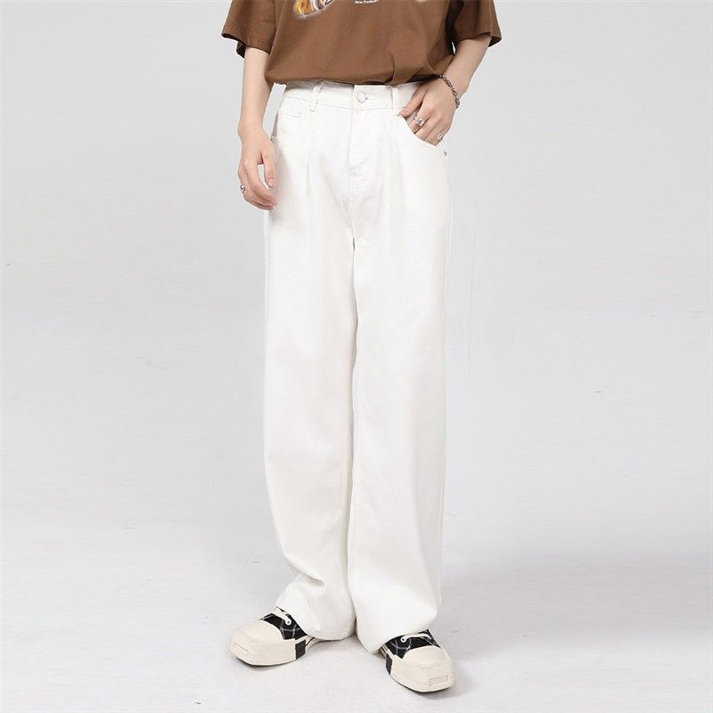 吾一白夏季薄款2024新款男生美式宽松阔腿直筒白色牛仔裤男士裤子