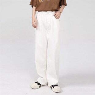 吾一白夏季薄款2024新款男生美式宽松阔腿直筒白色牛仔裤男士裤子