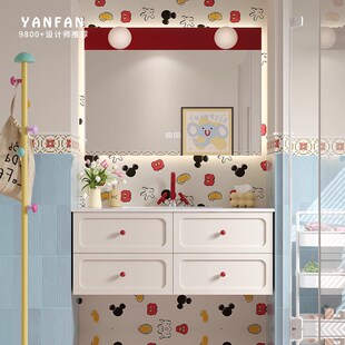 新款奶油风多巴胺岩板热弯一体盆浴室柜组合卫生间烤漆洗漱台定制