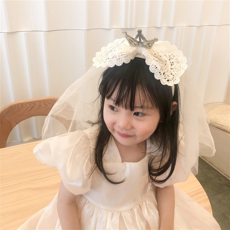 六一儿童节礼物 公主头纱发箍婚礼花童头饰 蕾丝花朵生日发饰宝宝