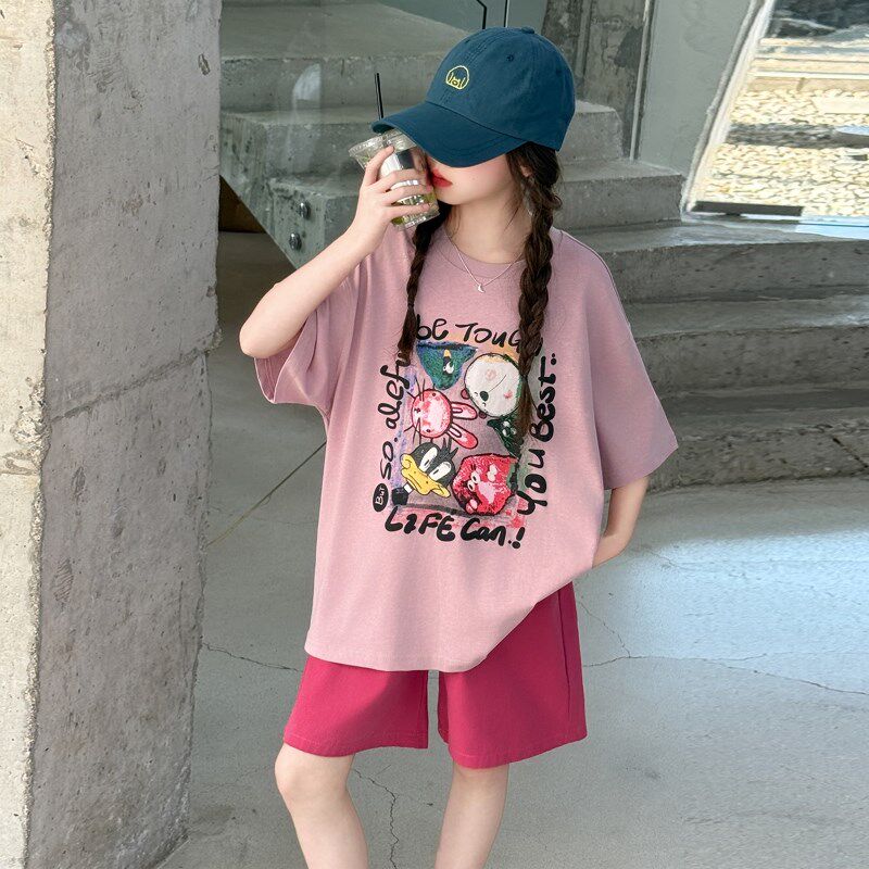 女童夏装套装洋气潮女孩纯棉休闲卡通涂鸦儿童短袖t恤短裤两件套
