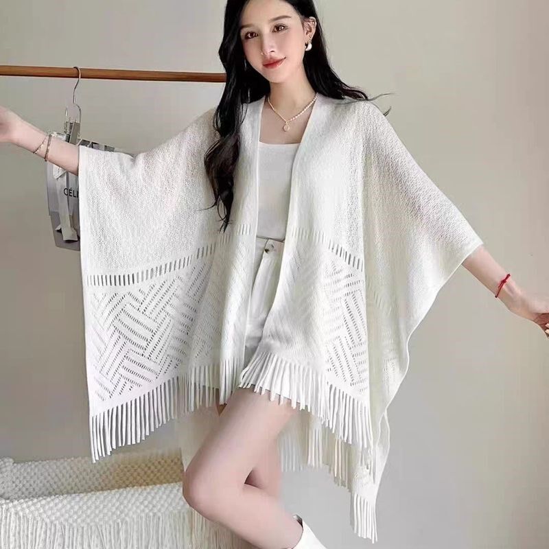 清新文艺流苏百搭旗袍披肩薄空调披肩镂空外搭配旗袍开衫白色披肩