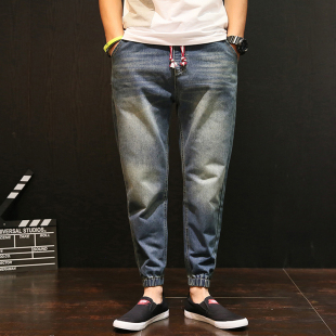 春夏季松紧腰哈伦裤男士宽松大码九分牛仔裤胖子学生束脚小脚裤潮