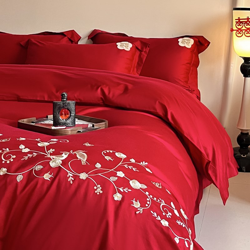 简约结婚床上四件套婚床婚嫁纯棉被套床单婚庆全棉大红色婚房喜被