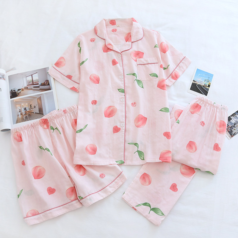 睡衣三件套c女纯棉纱布夏季薄款清新开衫可爱韩版小个子全棉家居