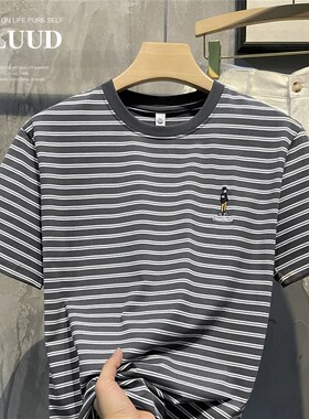 LUUD 男孩背影刺绣工艺圆领T恤衫日常简约拼色条纹短袖上衣男生夏