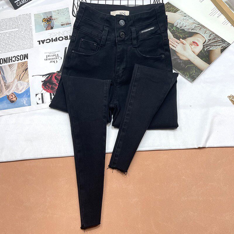 超火黑色小脚牛仔裤女加薄绒秋冬新款高腰修身显瘦弹力紧身铅笔裤