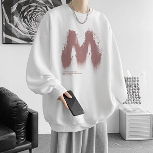 500G重磅纯棉圆领卫衣男秋冬季宽松大码打底衫情侣落肩款外套潮流