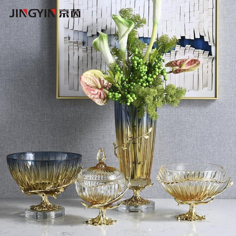 艺术轻奢玻璃花瓶样板房茶几餐桌储物罐果盘组合装饰法式花器摆件