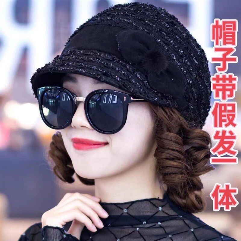 时尚新品连帽假发一体帽女士新款帽子假发真头发格子八角帽网红
