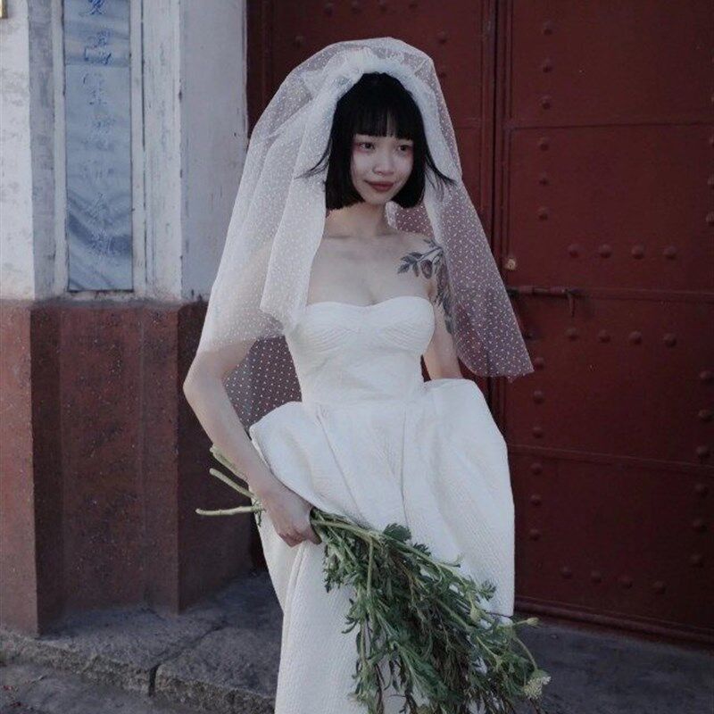 简约个性波点新娘领证头纱婚纱礼服配饰中长款蓬蓬拍照写真头纱
