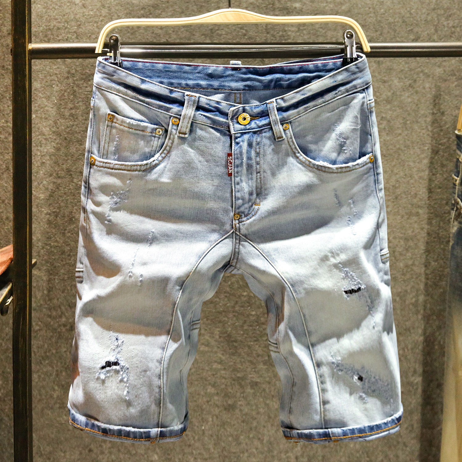 浅色拼接设计牛仔短裤男潮流破洞五分裤夏季百搭宽松直筒中裤薄款