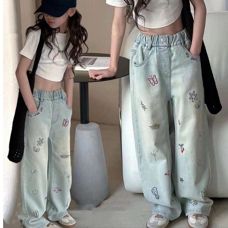 刺绣高腰直筒牛仔裤2025新款女童复古设计感阔腿宽松拖地儿童裤子
