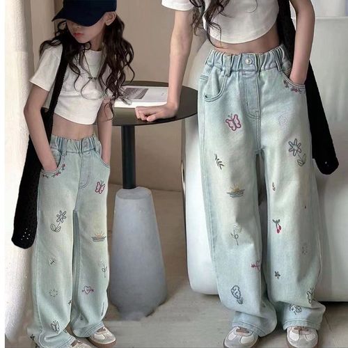刺绣高腰直筒牛仔裤2025新款女童复古设计感阔腿宽松拖地儿童裤子