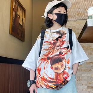 100-170cm可叠穿街舞宽松短袖T恤男童夏装2025夏款上衣打底衫潮