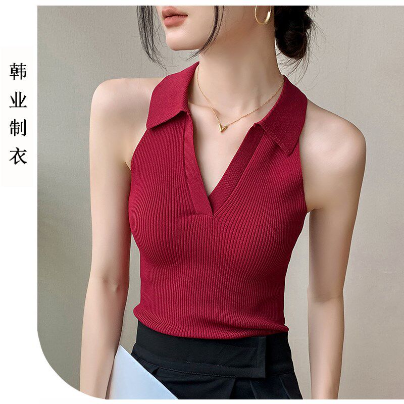 红色翻领吊带背心女2024夏季新款V领修身显瘦辣独特挂脖无袖上衣