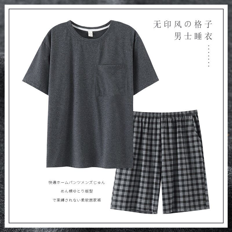 睡衣男夏季纯棉薄款圆领套头短袖短裤套装五N分裤休闲可外穿家居